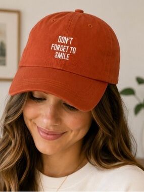Don't Forget to Smile Dad Cap Hat Orange Rust Embroidered Strapback Cotton